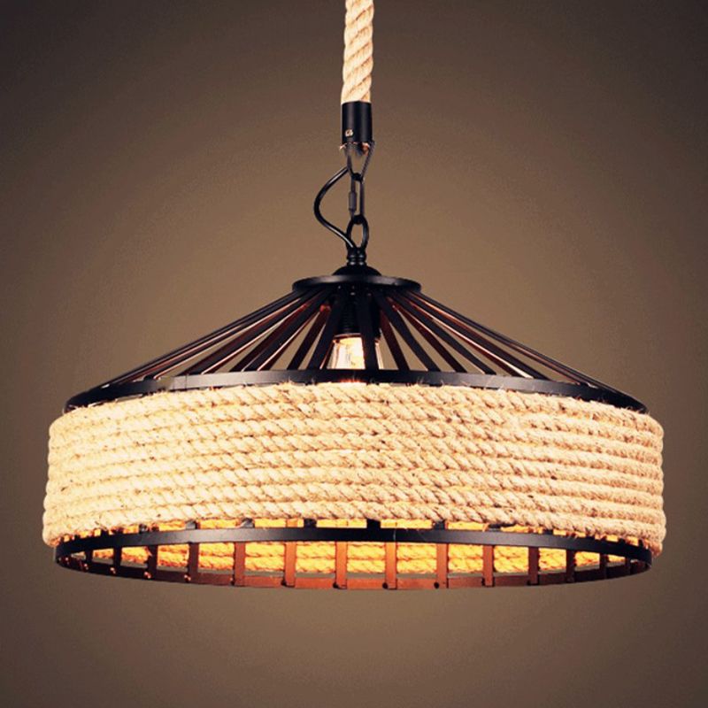 Industrial-Style Drum Pendant Lighting Fixture Rope Hanging Pendant Light in Beige