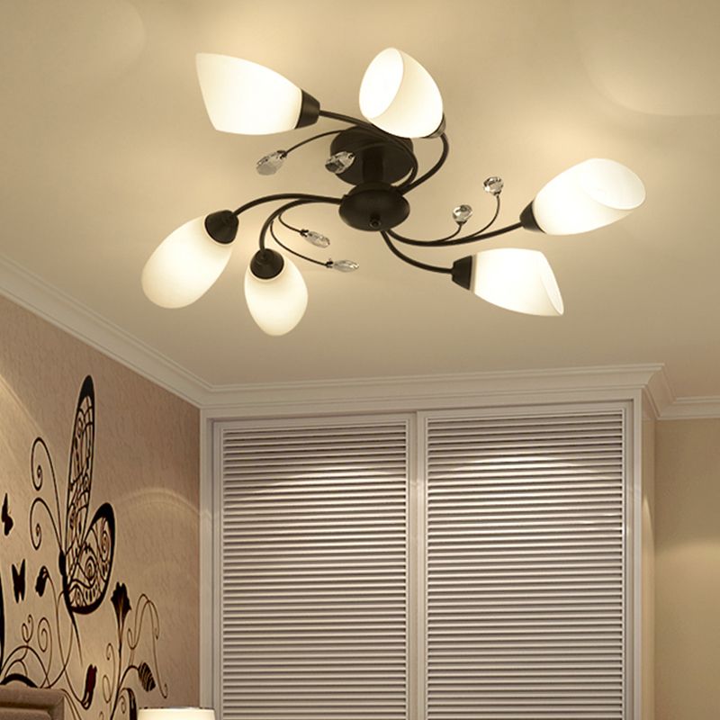 Floral Swirl Ceiling Light Fixture Rustic Black Opal Glass Semi Flush Light for Living Room