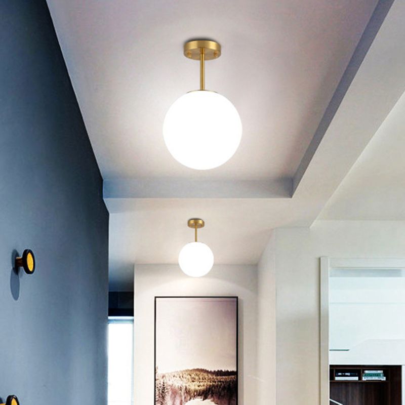 Luminaire semi-encastré sphérique pour couloir, verre blanc, 1 tête, plafonnier de style simple en laiton