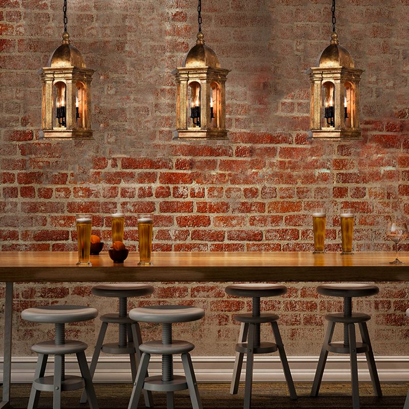 3 Lights Metal Chandelier Lamp Vintage Gold Lantern Bar Adjustable Down Lighting Pendant