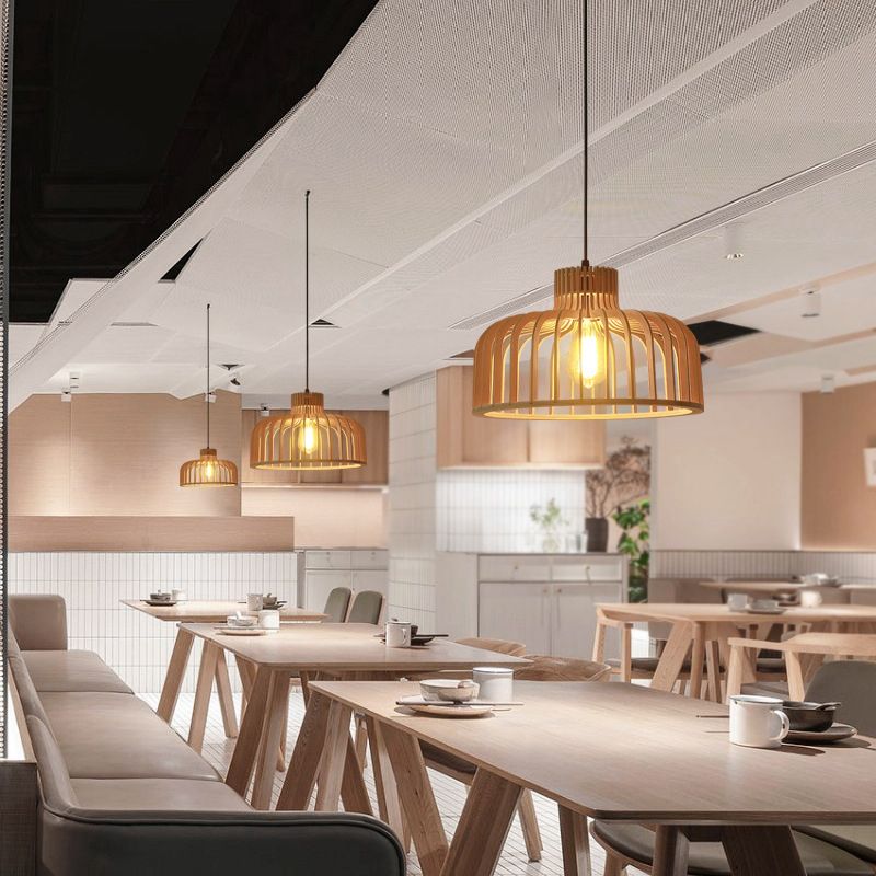 Cage Shaped Wooden Pendant Minimalism 1 Bulb Beige Suspension Lighting for Restaurant