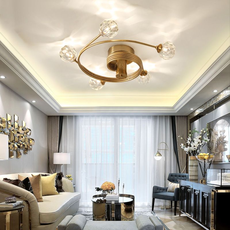 Montaje semi-semi-flush tradicional cortado cristal 5 cabezas lámpara de montaje de techo dorado con brazo de metal curvo