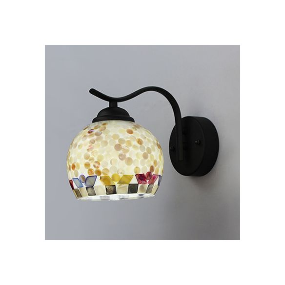 1 Head Sphere Wall Light Fixture Tiffany Beige/Beige-Red Stained Shell Sconce Lighting with Curved Arm