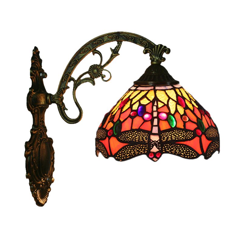 1-Head Bedroom Wall Mounted Lamp Tiffany Bronze Sconce Light with Cone Dragonfly Patterned Glass Shade