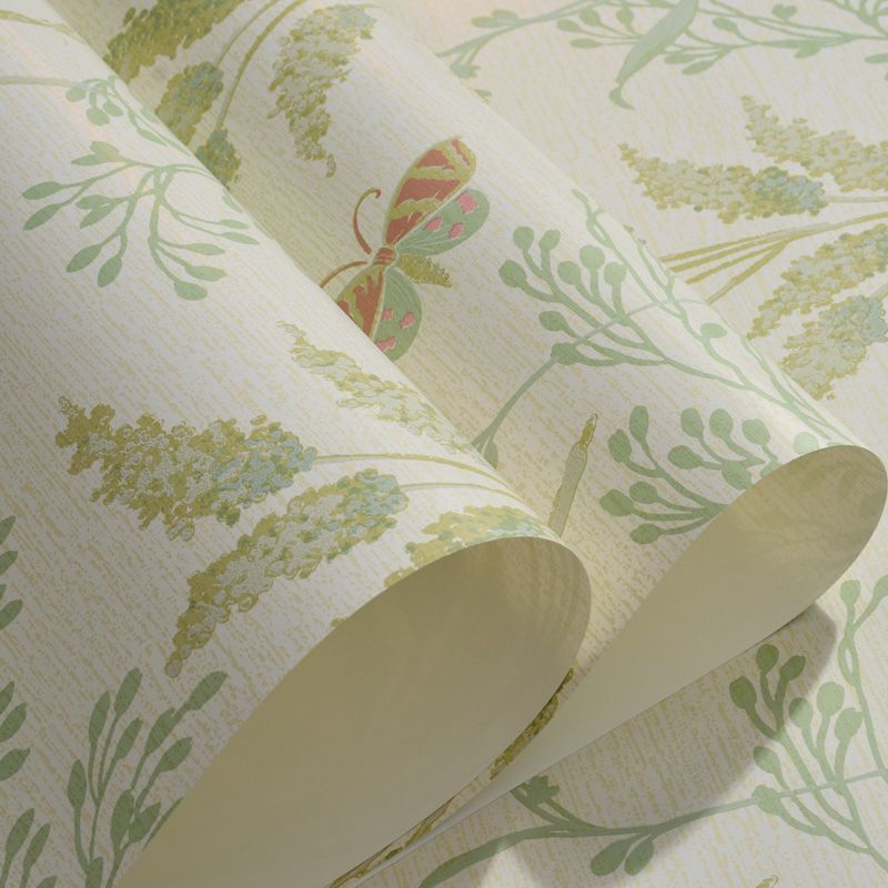 Paper Temporary Wallpaper Countryside Butterfly and Plants Wall Covering in Green, Peel and Stick