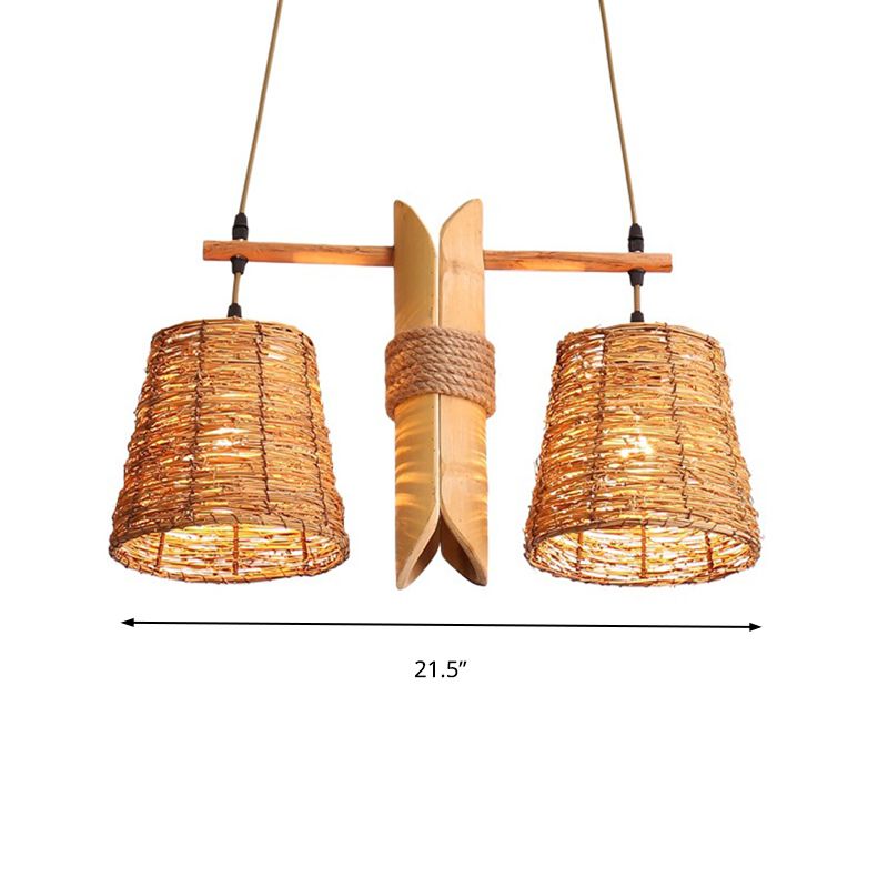 Bucket Rattan Shade Island Lighting Countryside 2 Bulbs Beige Pendant Light Fixture with Bamboo Design