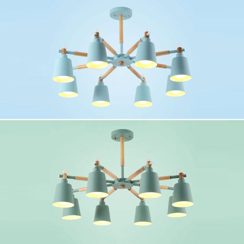 Cone Shade Metal Hanging Lamp Macaron Style Wood Chandelier for Living Room