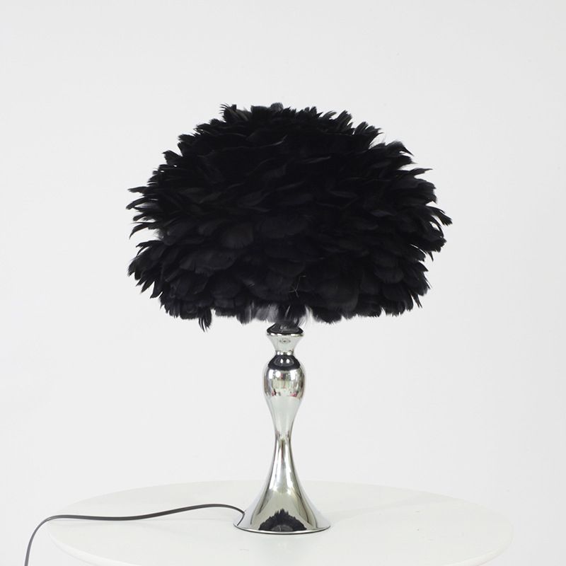 Black/Purple Dome Night Lamp Modern 1-Bulb Feather Table Light with Chrome Baluster Base