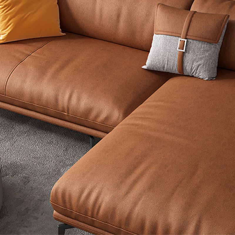 Recessed Arm Tan Contemporary Removable Cushions Faux Leather Sofa & Chaise