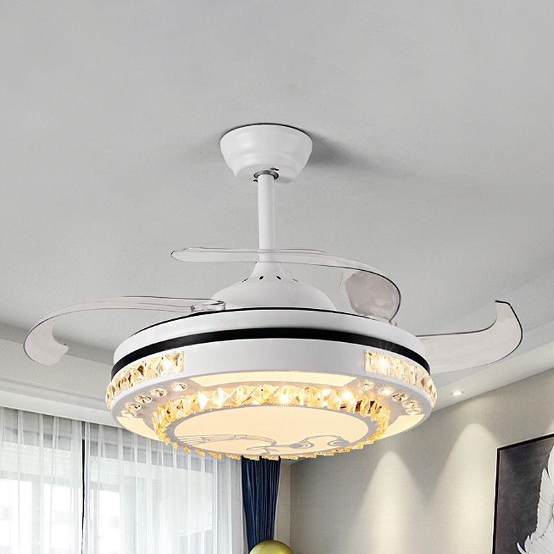 LED Round Pendant Fan Lamp Modern White Clear Crystal Blocks Semi Flush with 4 Blades, 21.5" Wide