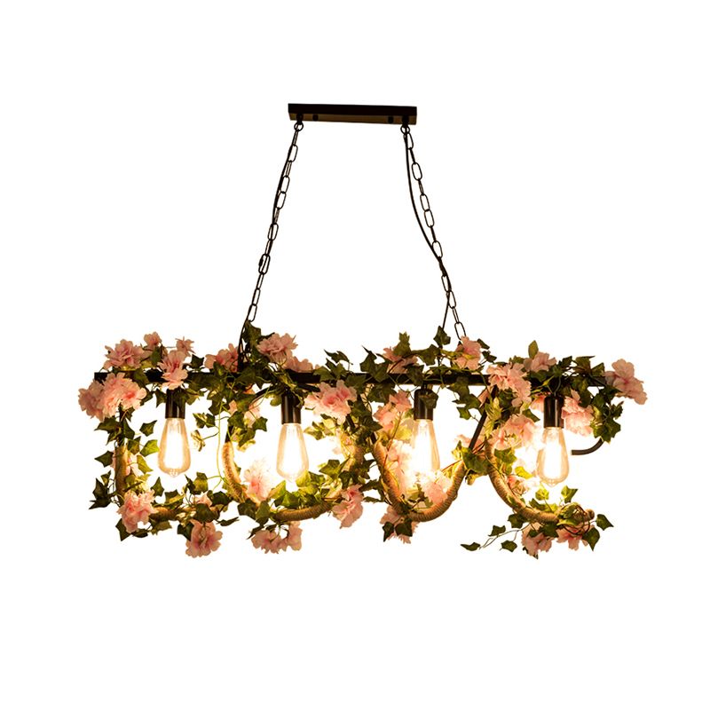 4 Lights Linear Island Lamp with Artificial Plant Lodge Metal Hanging Light in Black