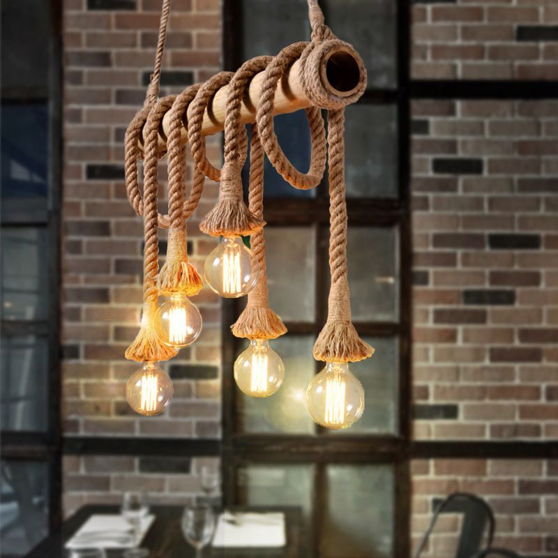 3/4 Lights Open Bulb Island Light Lodge Industrial Beige Adjustable Rope Ceiling Light with Bamboo