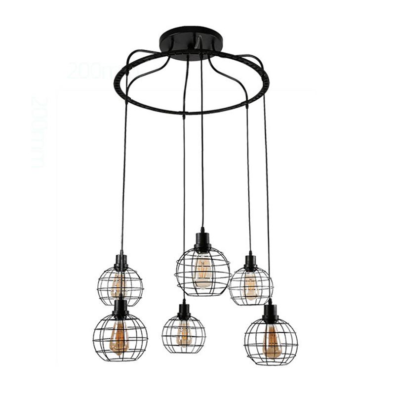 Industrial Style Global Hanging Lamp 6 Bulbs Metallic Suspended Light with Wire Cage Shade in Black