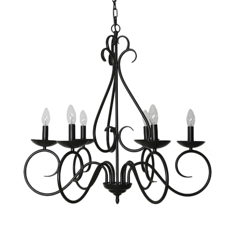 6 Lights Swirled Arm Chandelier Light Kit Traditional Black Metal Suspension Light for Dining Room