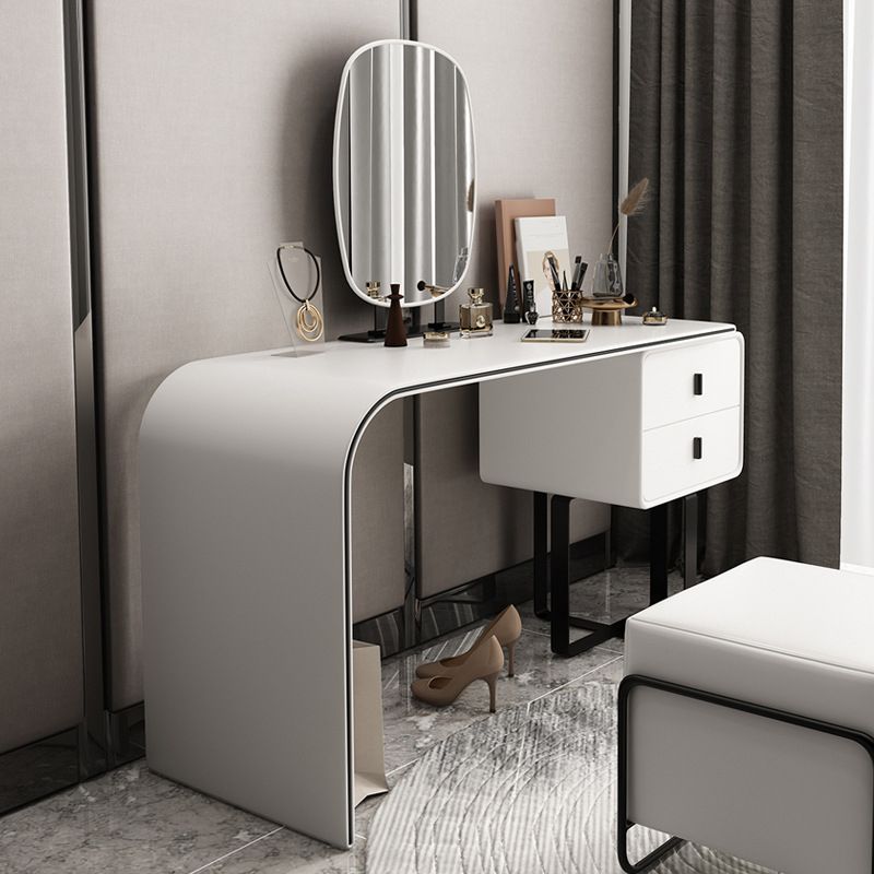 2-Drawer Vanity Set Genuine Leather & Metal Makeup Dressing Table with Mirror and Stool