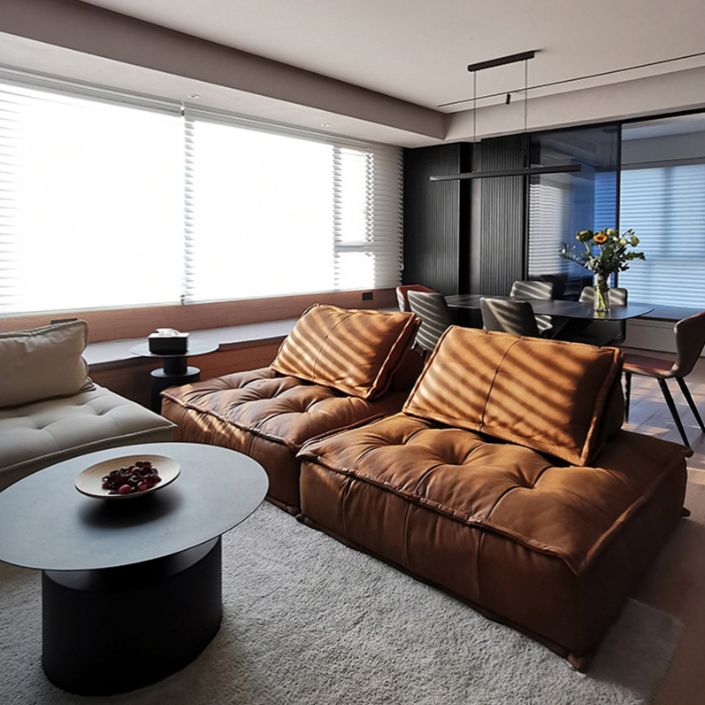 Tufted Leather Sectionals in Brown Mid-Century Modern Blocks Sofa with Pillows