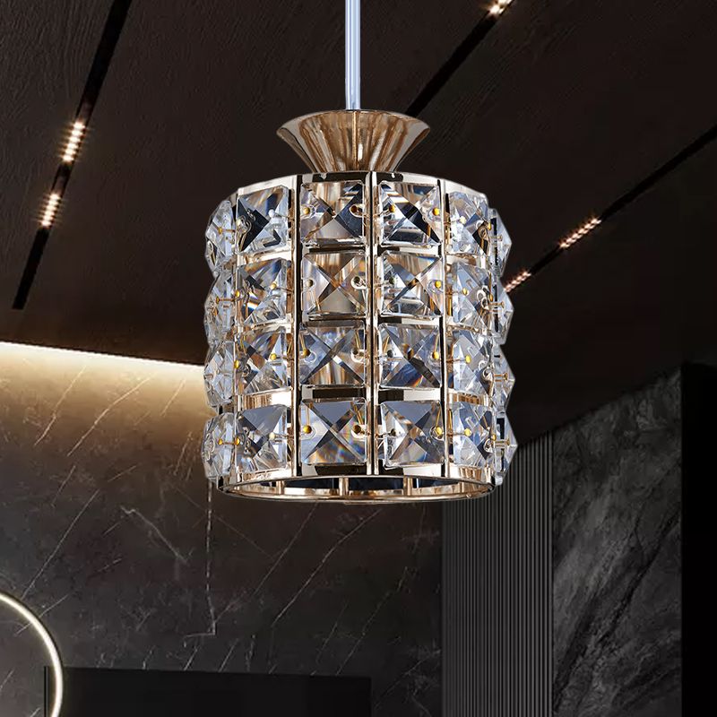 Crystal Drum Pendant Light Metal Frame Ceiling Light for Balcony