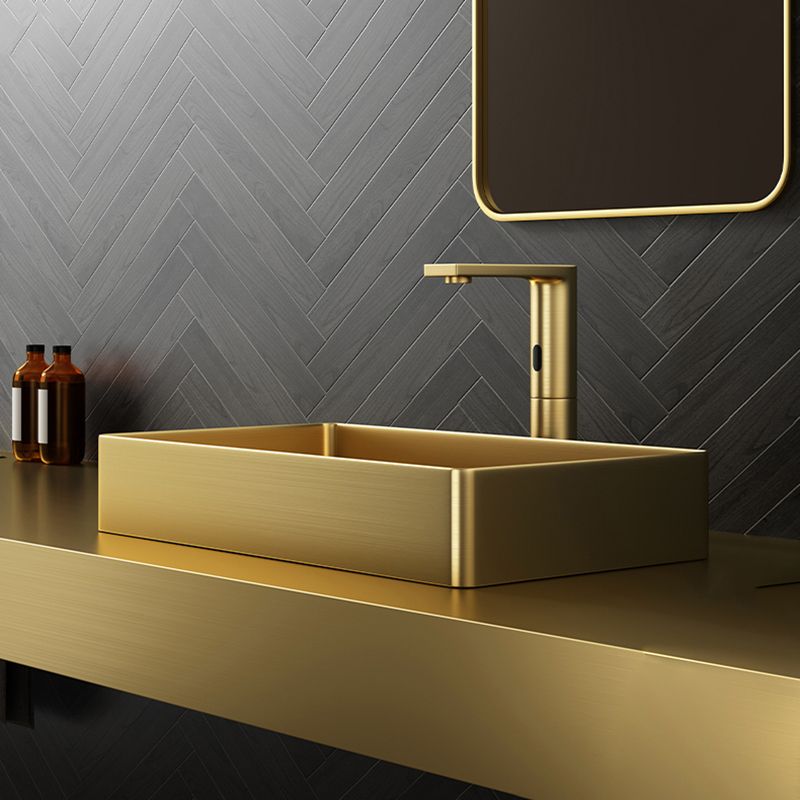Contemporary Bathroom Sink Pop-Up Drain Metal Solid Color Rectangular Vessel Sink