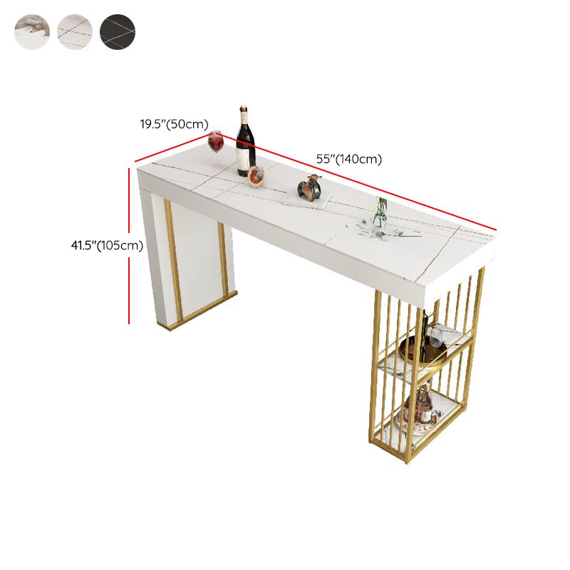 Rectangle Gold Marble and Wood Bar Living Room Pub Table with Double Pedestal