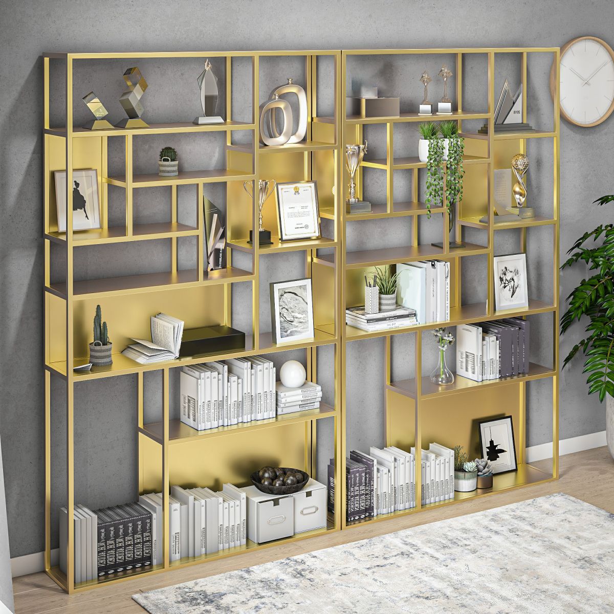 Gold and Black Floor Book Shelf Open Shelf Bookcase with Shelves
