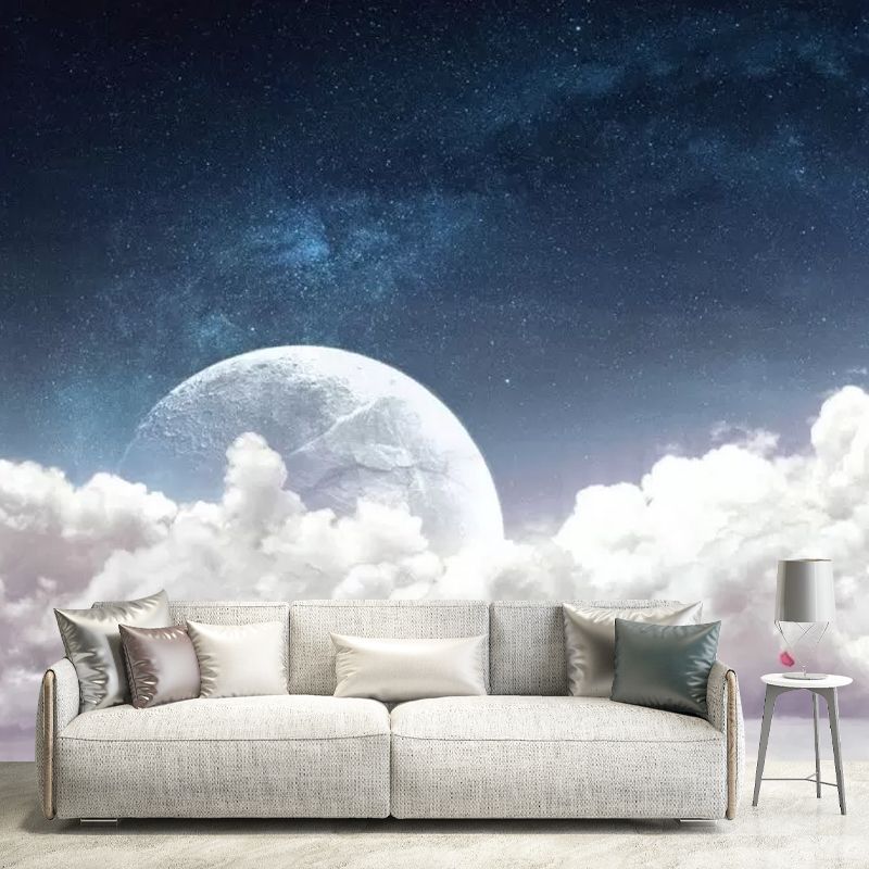 Whole Cloud and Moon Mural in Blur and White Non-Woven Fabric Wall Art for Ceiling, Made to Measure