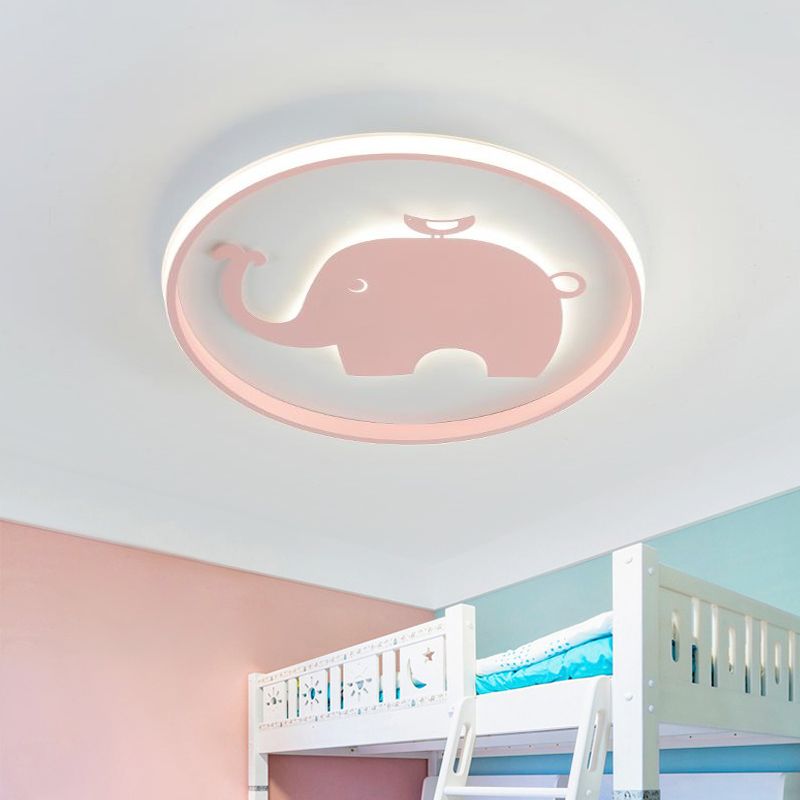Ring-Flush-Lampe mit blau/rosa Pferd/Elefant-Design, Metall-LED-Cartoon-Deckenleuchte für Kinder