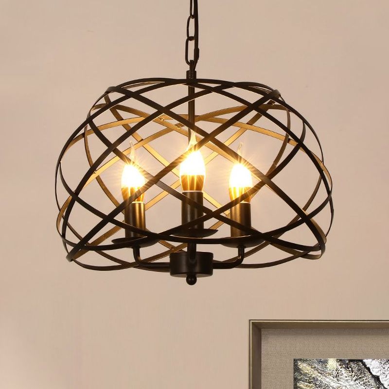 Luce appesa a gabbia aperta alla moda vintage con teste di candela 3 lampadario appeso in nero in nero