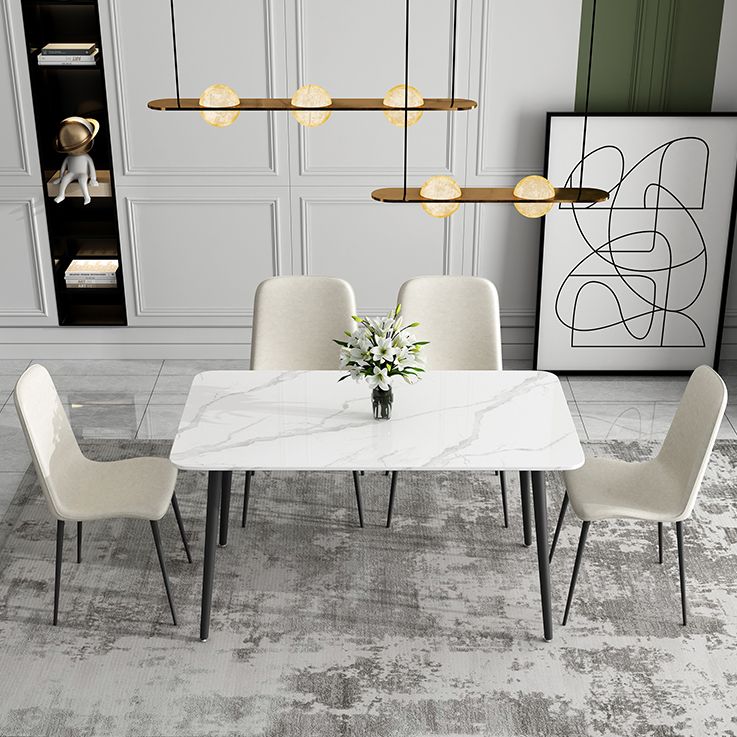 Mesa de comedor de cocina de piedra sinterizada simple Rectángulo de comedor blanco con 4 patas base
