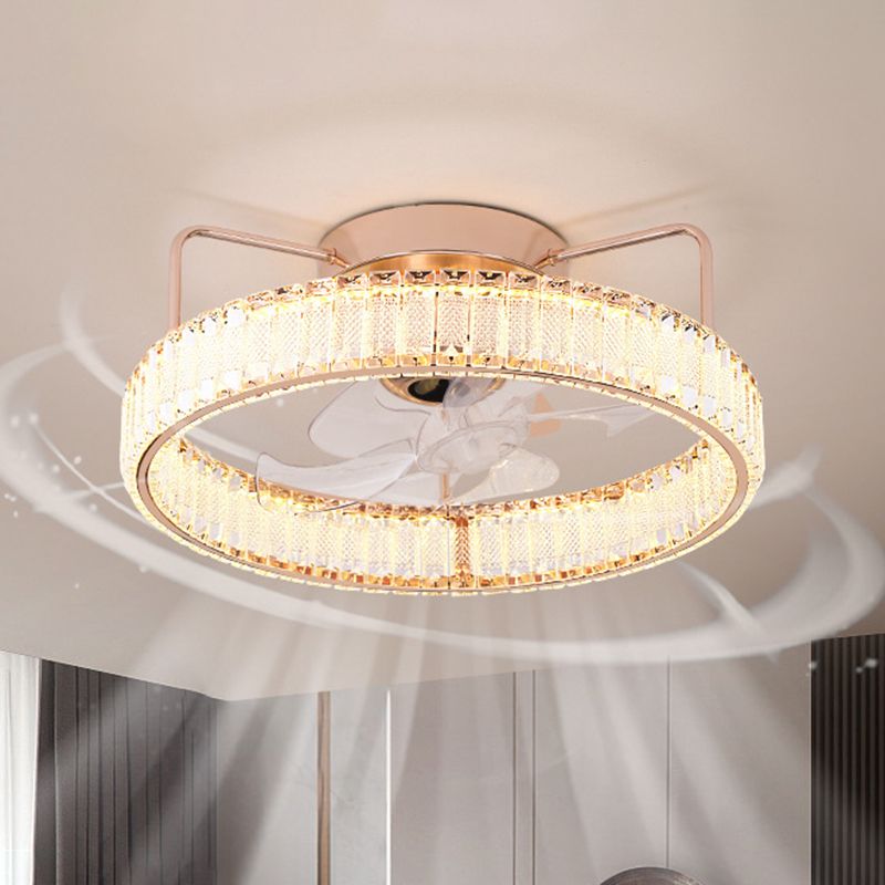 7-Blade LED Ceiling Fan Contemporary Crystal Golden Fan with Light for Foyer