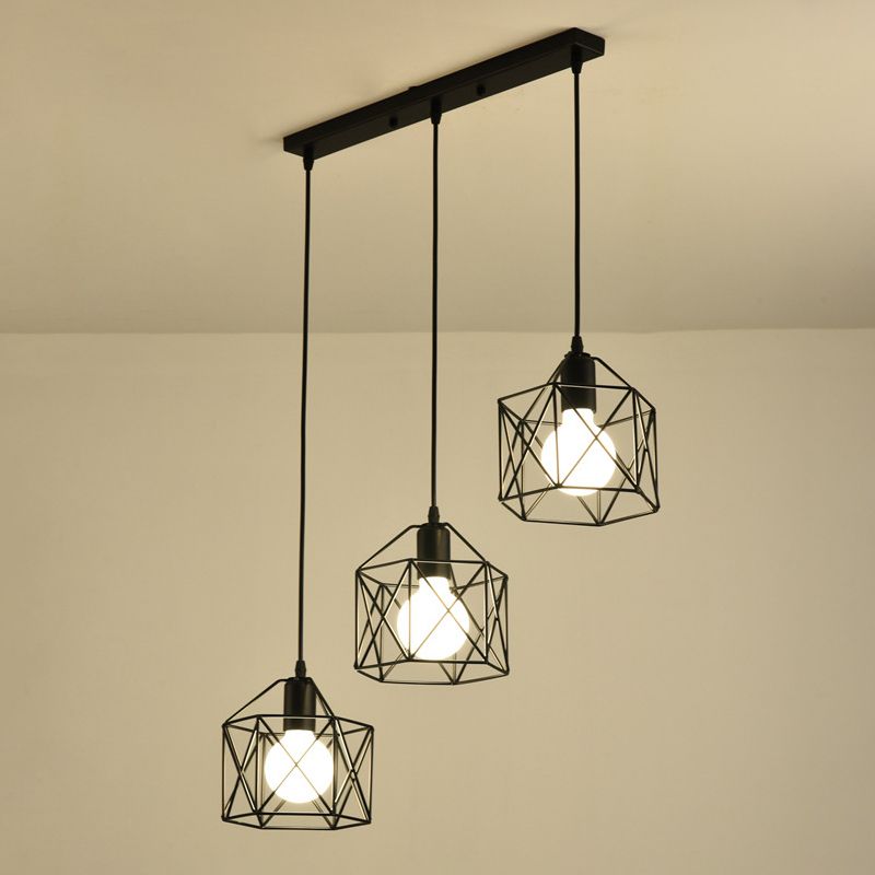 Lampada a ciondolo a ciondolo in gabbia di ferro, sospensione della sala da pranzo retrò in nero