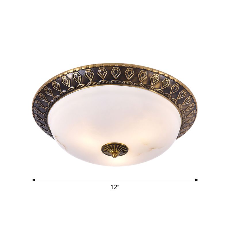 2/3 Heads Flush Mount Lamp Traditional Living Room Ceiling Light with Bowl Milk Glass Shade in Brass, 14"/16"/19.5" W