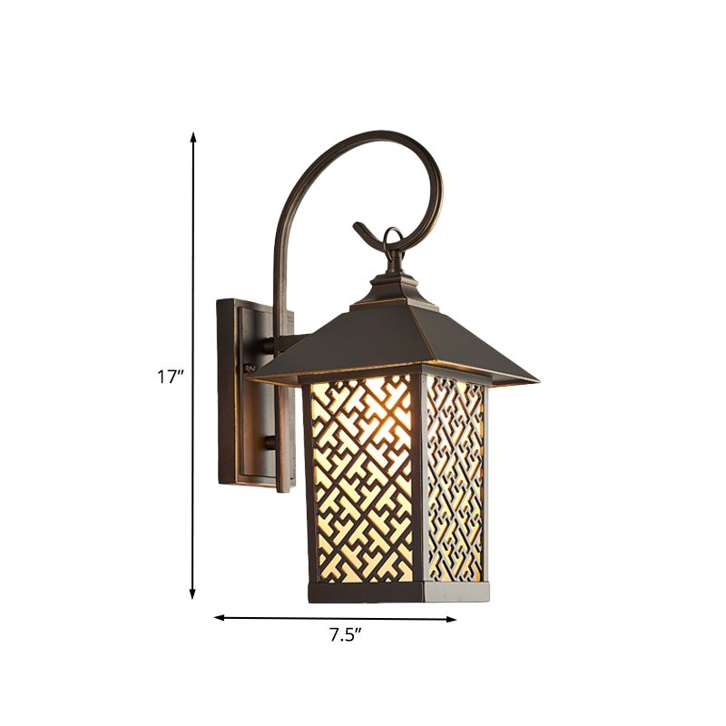 1-Bulb Curved Arm Sconce Light Rural Coffee Frosted Glass Wall Mounted Lighting for Outdoor