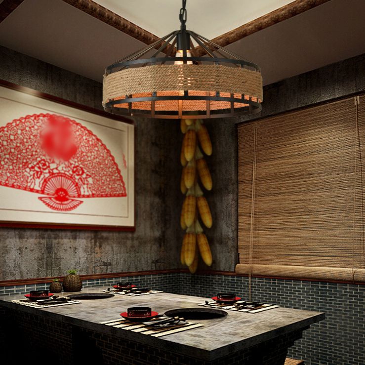 Drum Hanging Lamp Industrial Natural Manila Rope Decorative Pendant Light for Living Room