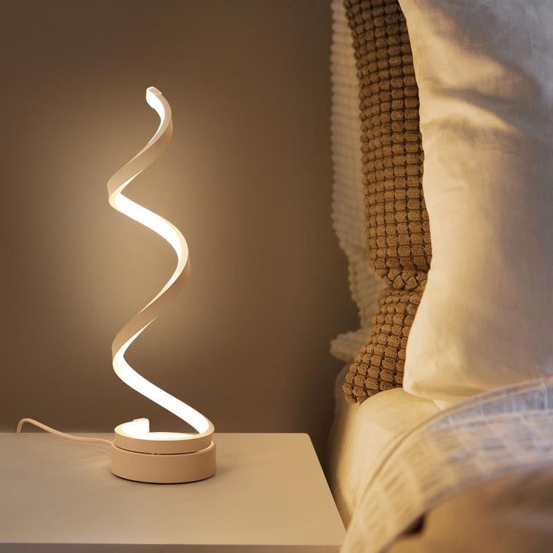 Minimalist Stylish Swirl LED Table Lamp Acrylic Bedroom Night Lighting in White with Plug In Cord