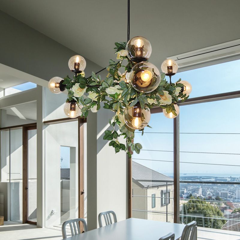 10/14-Bulb Island Pendant Industrial Globe Smoke Gray Glass Hanging Light in Black with Geometric Cage