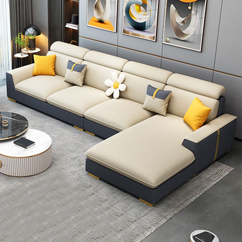 Nordic Grey and Beige Sofa Faux Leather Square Sewn Pillow Back Sofa