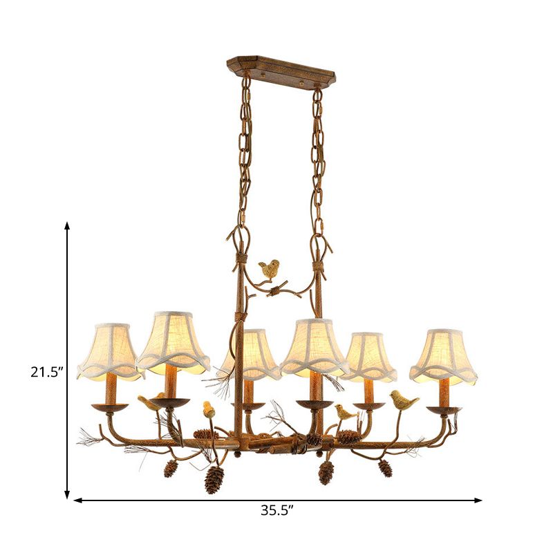 Metal Bell Shade Hanging Chandelier Country 6 Lights Living Room Pendant Light in Brown with Linear Canopy