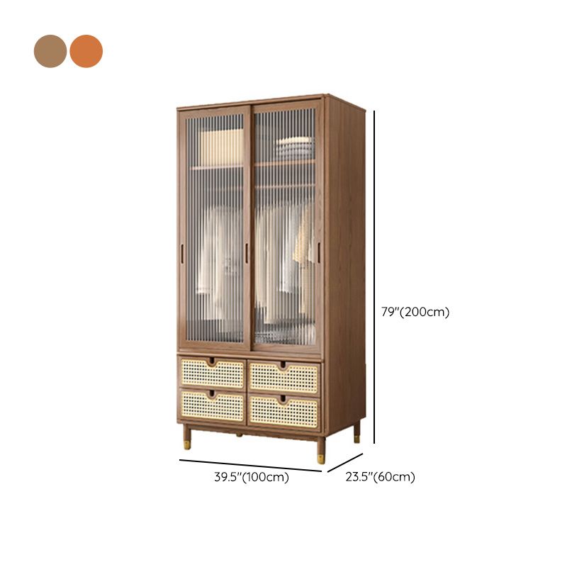 Contemporary Solid Wood Wardrobe Cabinet 2 Sliding Doors Sliding with Drawer