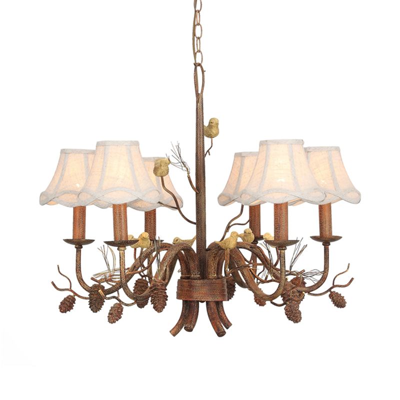 6 Lights Pendant Light Rustic Scalloped Metal Hanging Chandelier in White with Fabric Shade and Pinecone