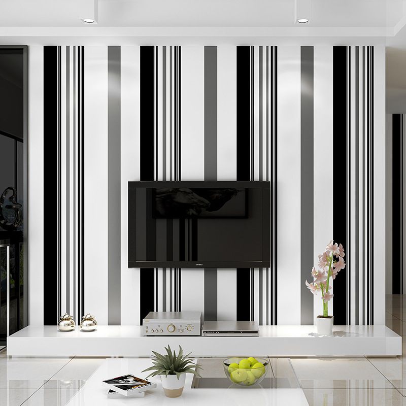 Black and White Wallpaper Non-Woven Decorative Wall Covering Vertical Rectangle Bars of Irregular Patterns, 33'L x 20.5"W