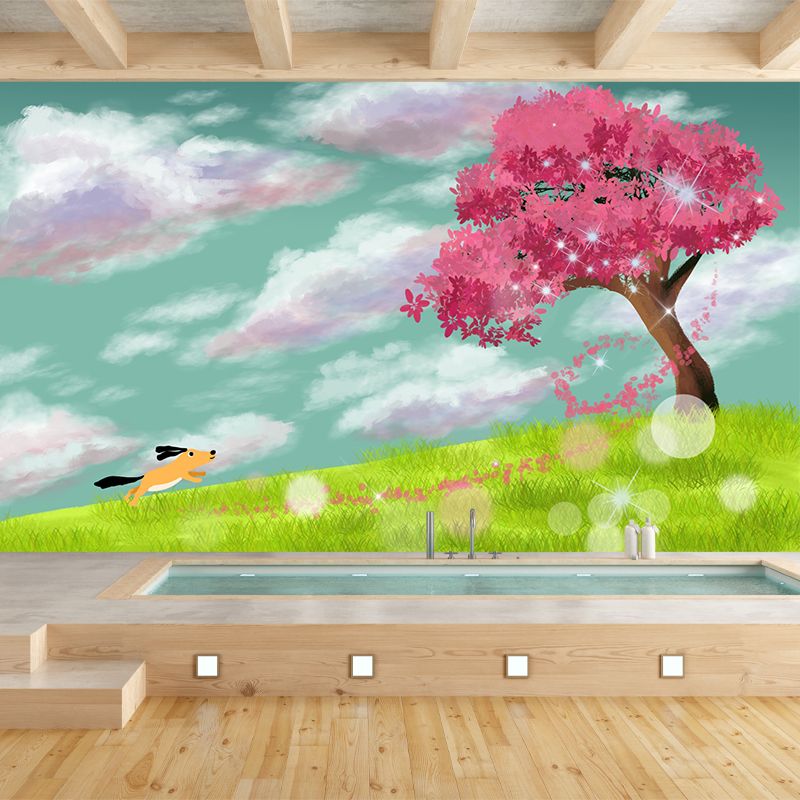 Whole Dog Running Mural Kids Alone Cherry Tree in Meadow Wall Decor in Pink-Green