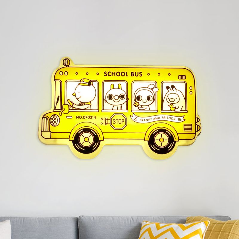 Éclairage d'éclairage en forme de bus jaune Carton de dessin animé LED Mur en plastique Lampe avec motif d'animaux