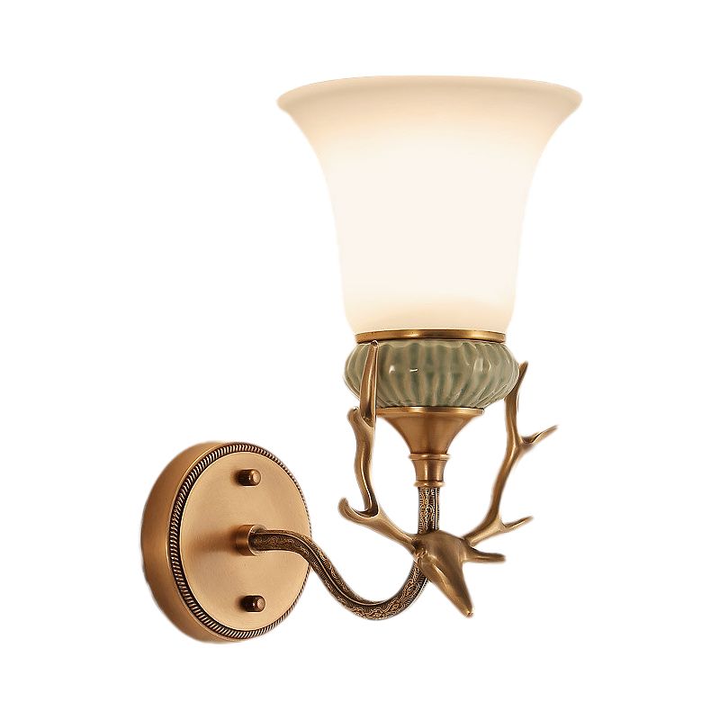 1 Light Wall Mount Lighting Retro Bell Opal Glass Brass Sconce Lamp Fixture with Antlers Curved Arm