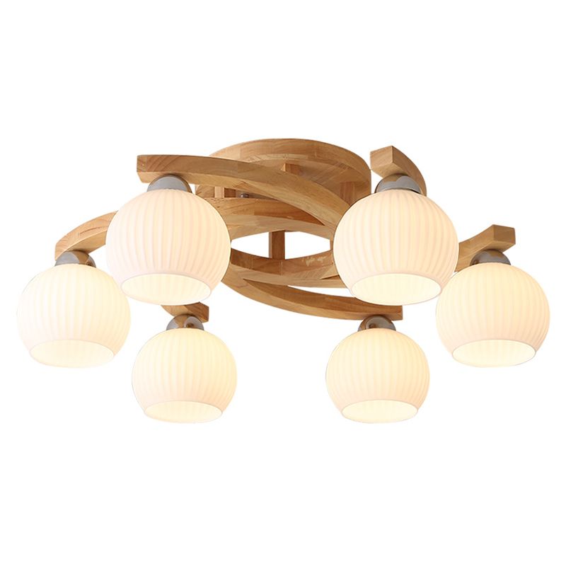 Modern Style Ceiling Mount Light Wooden Spherical with Glass Shade for Bedroom