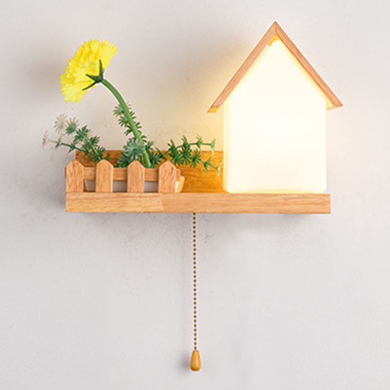Modern Style House Shape Wall Light Wood 1 Light Sconces for Bedroom without Plant