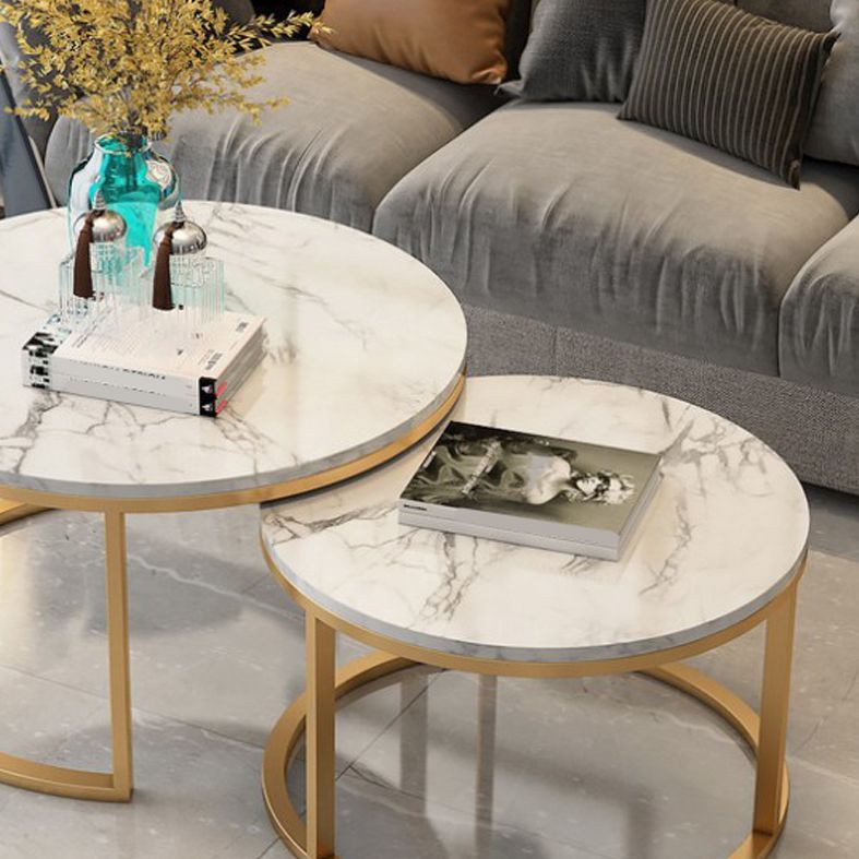 Glam Round Nesting Coffee Table with Marble Top and Metal Base