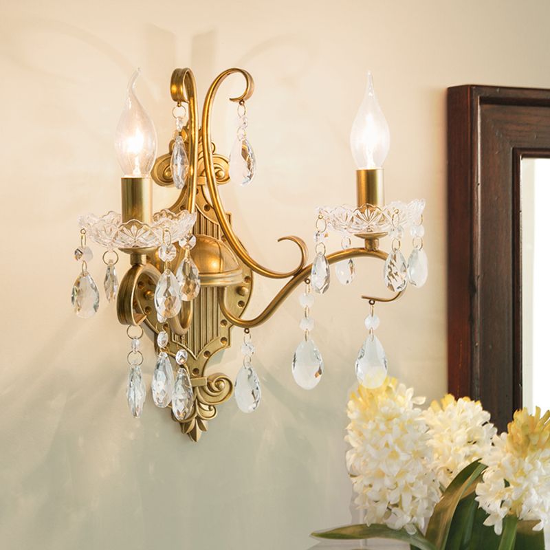 2 Bulbs Wall Light Fixture Traditional Candlestick Draping Crystal Raindrop Sconce Light in Gold