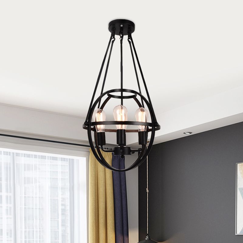 Lustre en métal sphérique Lumière traditionnelle 3 lumières Pendre d'éclairage en noir
