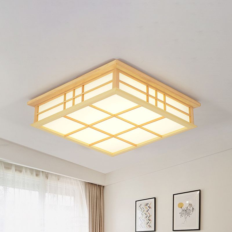 Lámpara de techo LED color beige con iluminación empotrada y rejilla cuadrada de madera, luz cálida/blanca