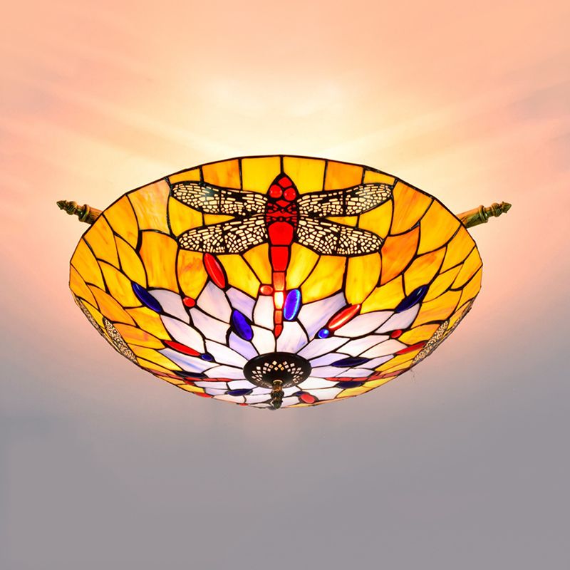 Buntglas Dragonfly Deckenleuchte Tiffany 5 Lichter Messing Halbflush -Leuchte für Schlafzimmer